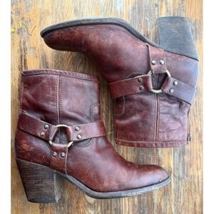 Vintage Frye Harness Boots 8 Brown Leather Biker Western Distressed Broken In